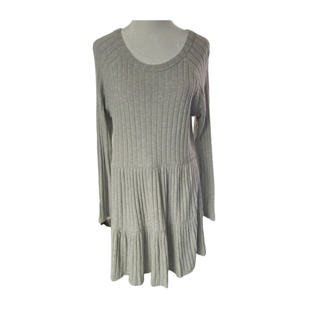 VINE and VALLEY Women Knit Fit Flare Dress‎ Sz L Gray Rib Tiered Stretchy 35-9